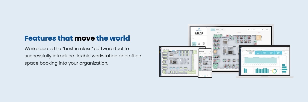 Hybrid office environment features for reservation management, hot desking, hoteling and other workplace space management