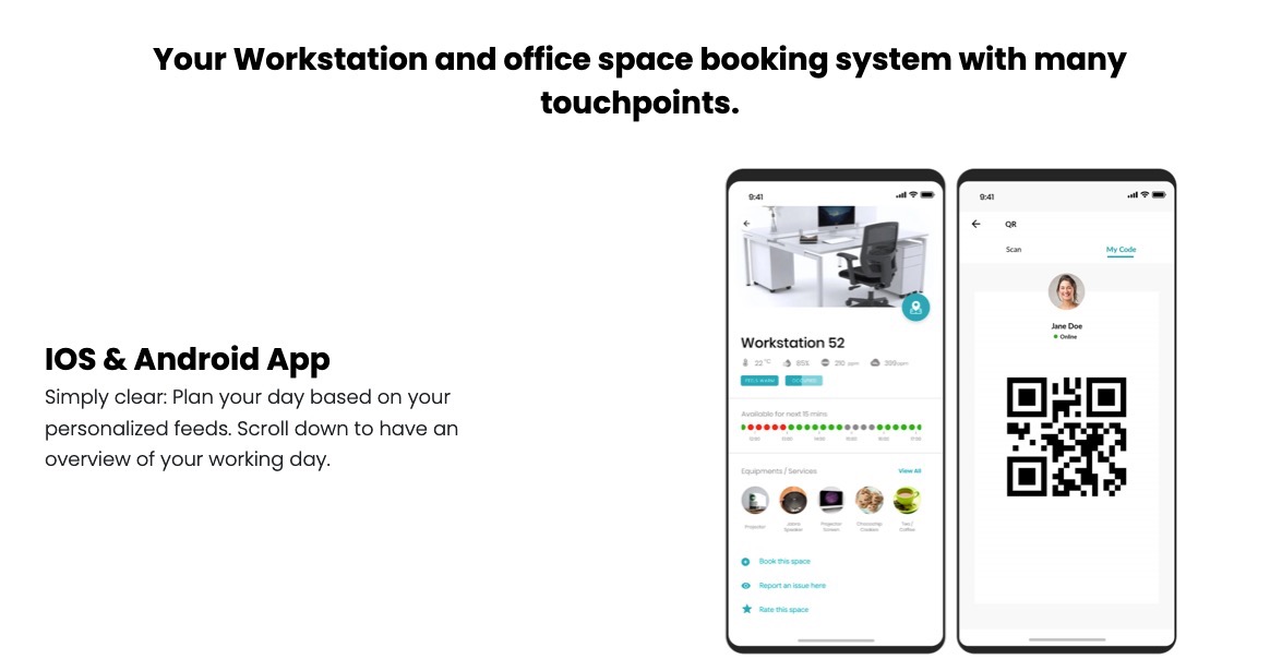 Workstation reservations for hybrid office work using mobile app for space management