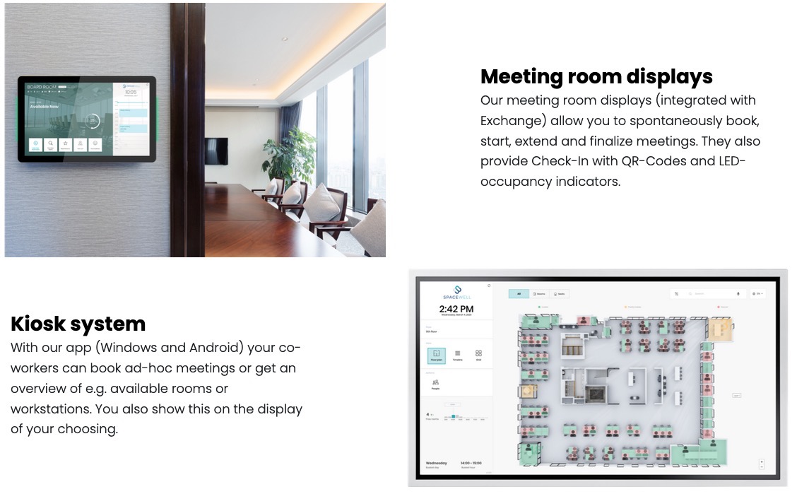 Integrated kiosk displays help with room bookings and hot desking in hybrid work situations