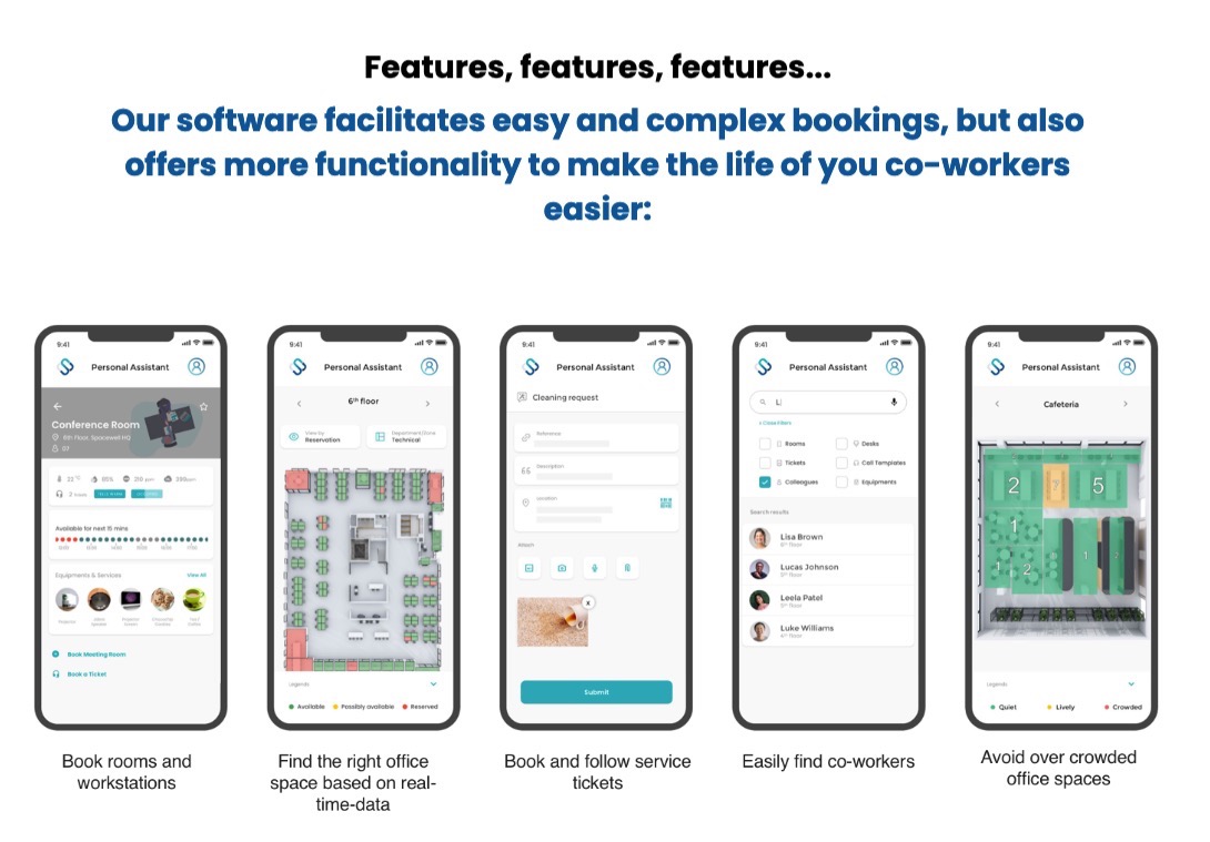 mobile application allows for reservations, cmms tickets, co-worker collaboration, and hot desking