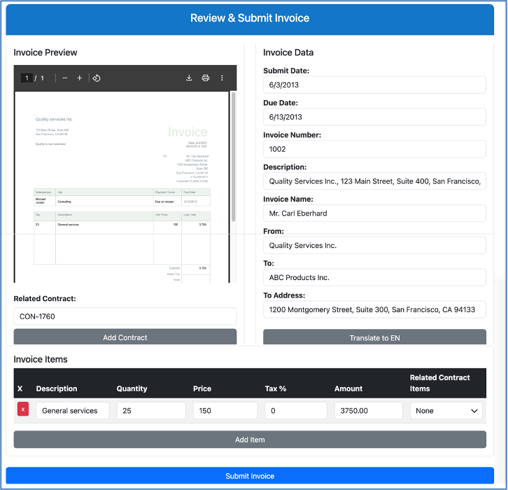 Example screen with the OCR'd invoice and extracted data using AI.